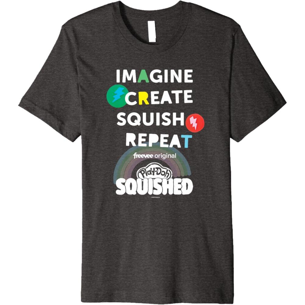 imagePlayDoh Squished Imagine Create Repeat Rainbow Stack Logo Premium TShirtDark Heather Grey