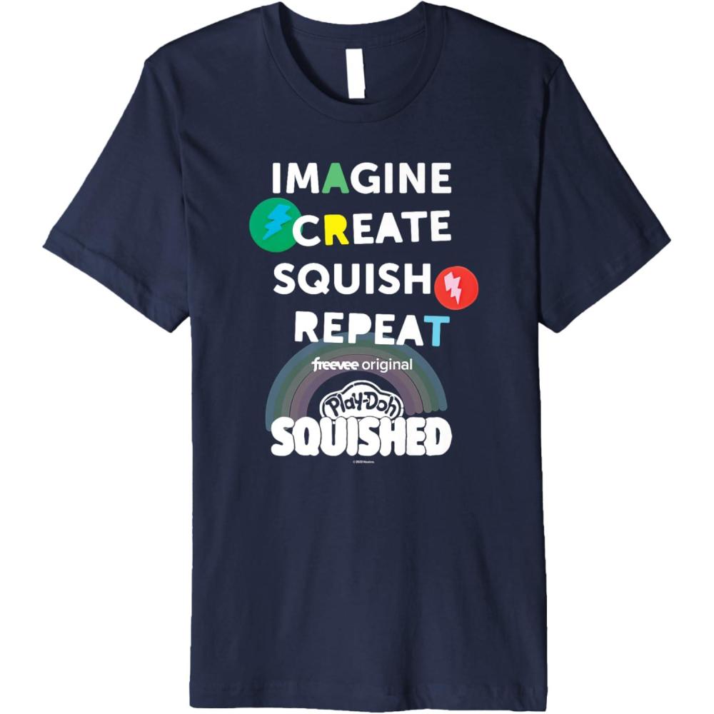 imagePlayDoh Squished Imagine Create Repeat Rainbow Stack Logo Premium TShirtNavy Blue