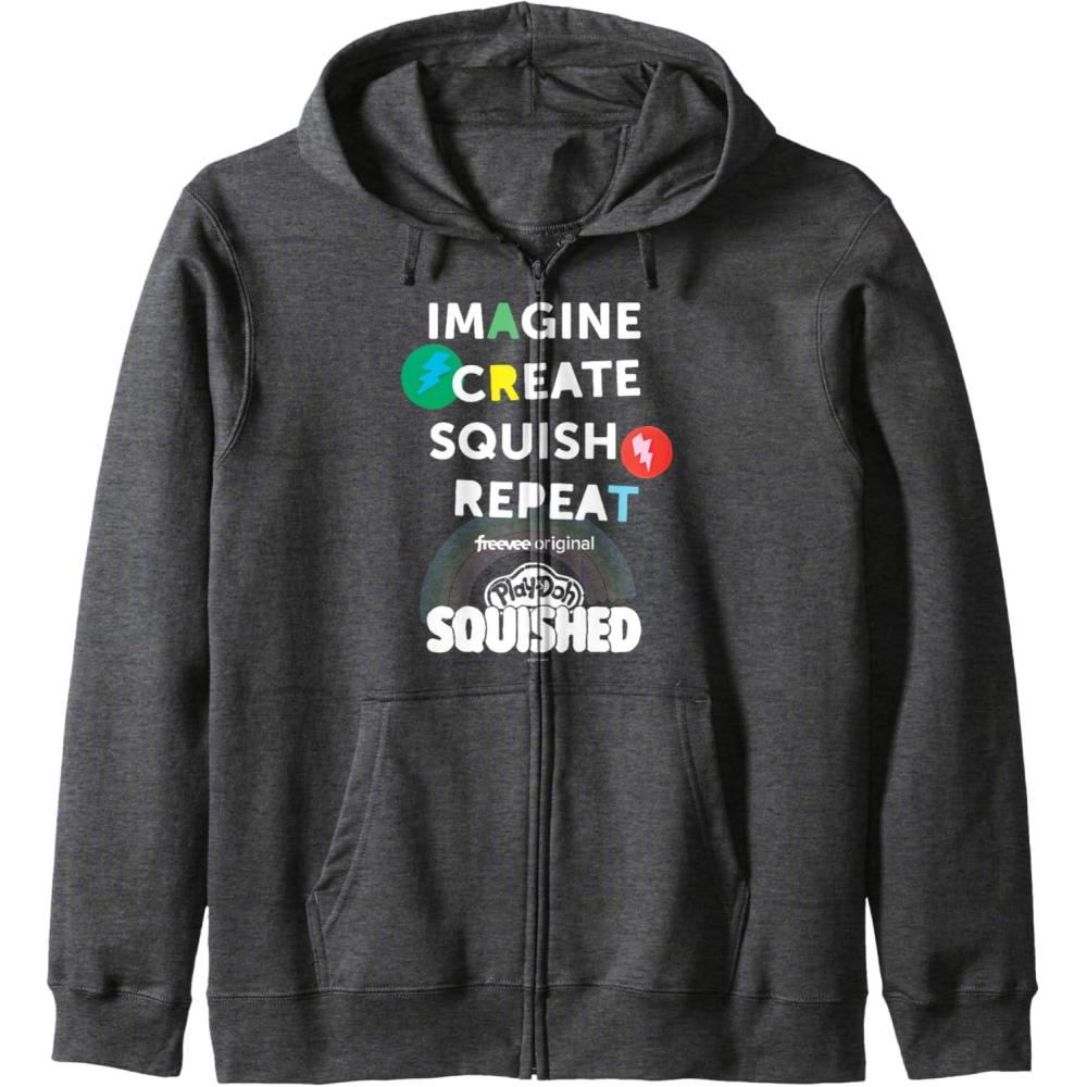 imagePlayDoh Squished Imagine Create Repeat Rainbow Stack Logo Zip HoodieDark Heather Grey