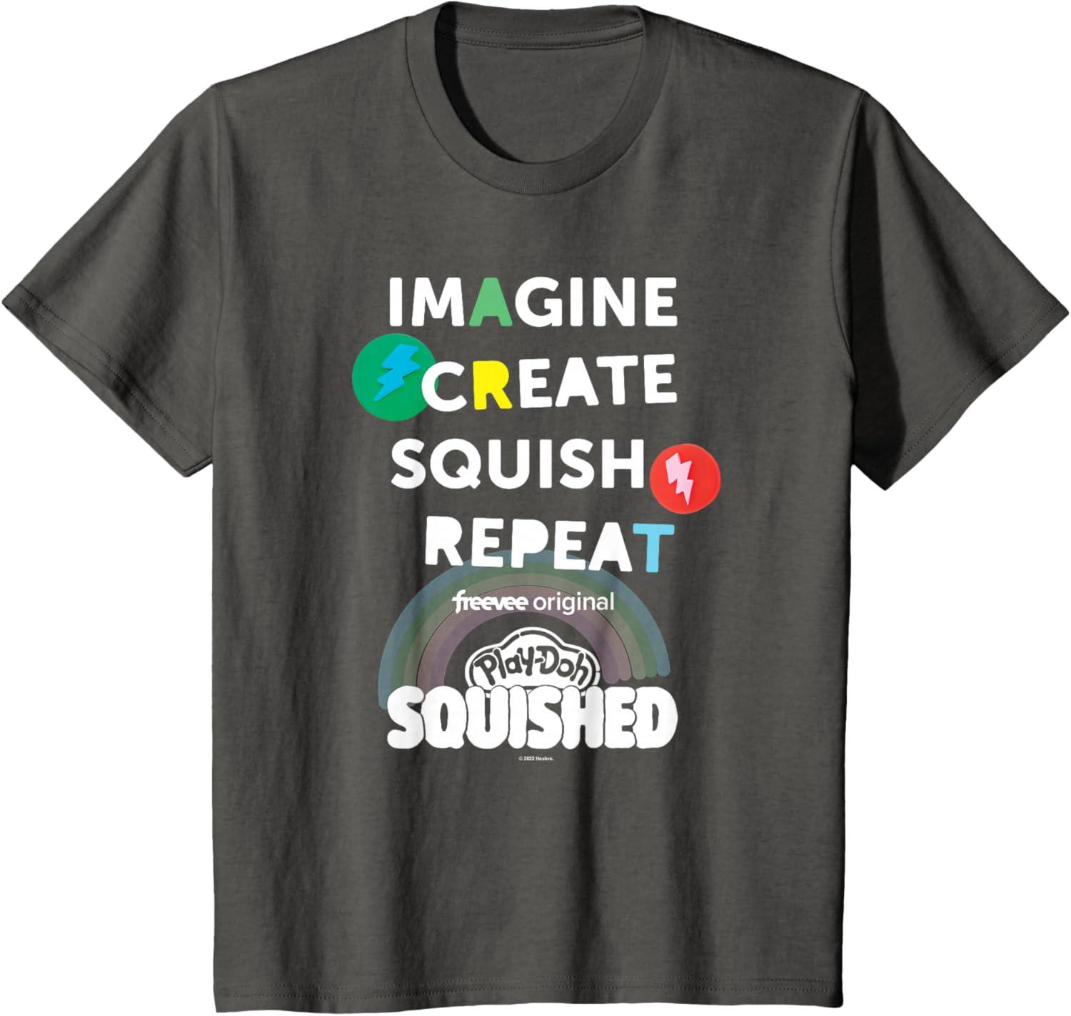 imagePlayDoh Squished Imagine Create Repeat Rainbow Stack Logo TShirtAsphalt Grey