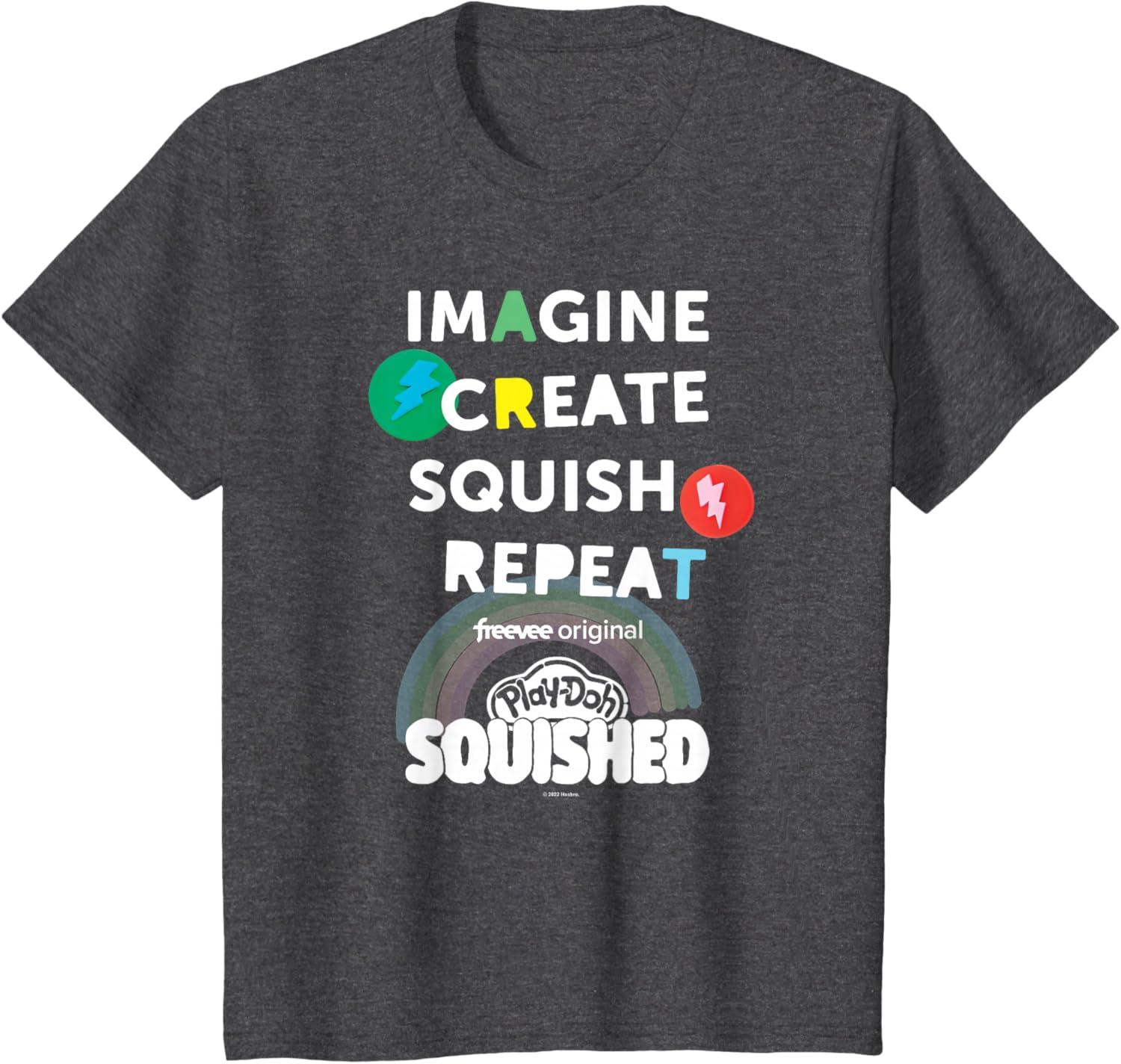 imagePlayDoh Squished Imagine Create Repeat Rainbow Stack Logo TShirtDark Heather Grey