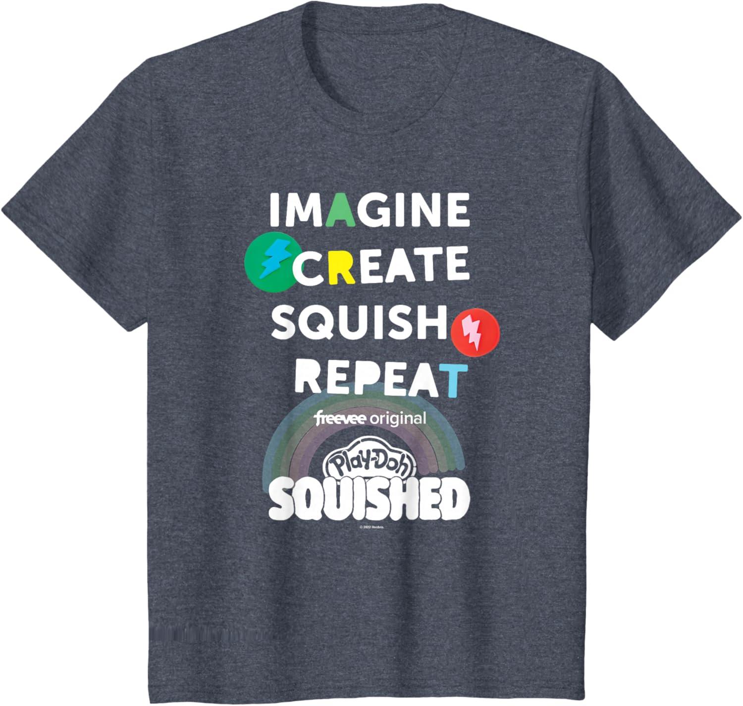 imagePlayDoh Squished Imagine Create Repeat Rainbow Stack Logo TShirtHeather Blue