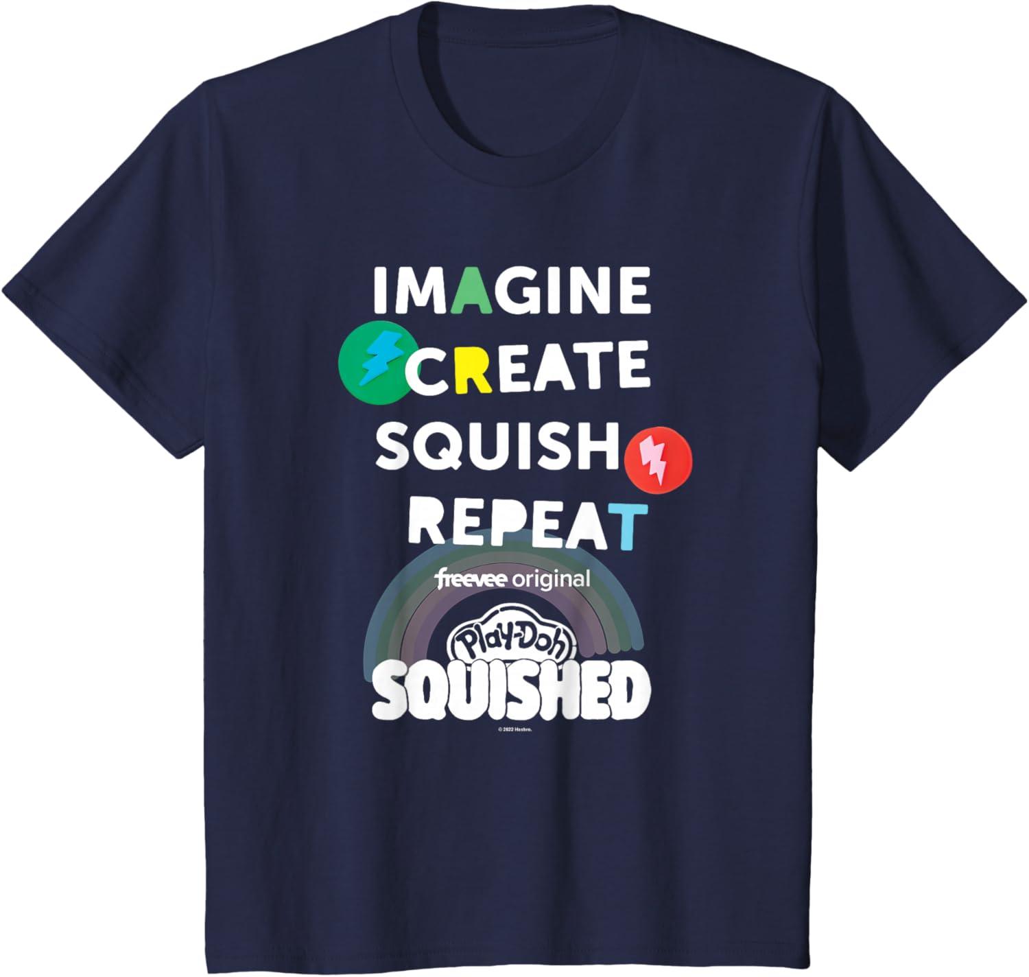 imagePlayDoh Squished Imagine Create Repeat Rainbow Stack Logo TShirtNavy Blue