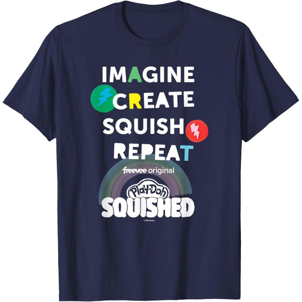 imagePlayDoh Squished Imagine Create Repeat Rainbow Stack Logo TShirtNavy Blue