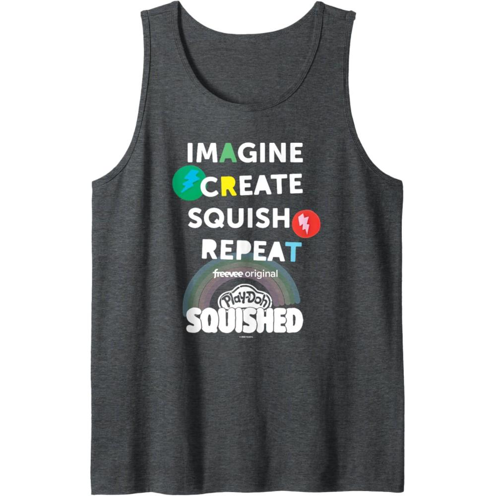 imagePlayDoh Squished Imagine Create Repeat Rainbow Stack Logo Tank TopDark Heather Grey